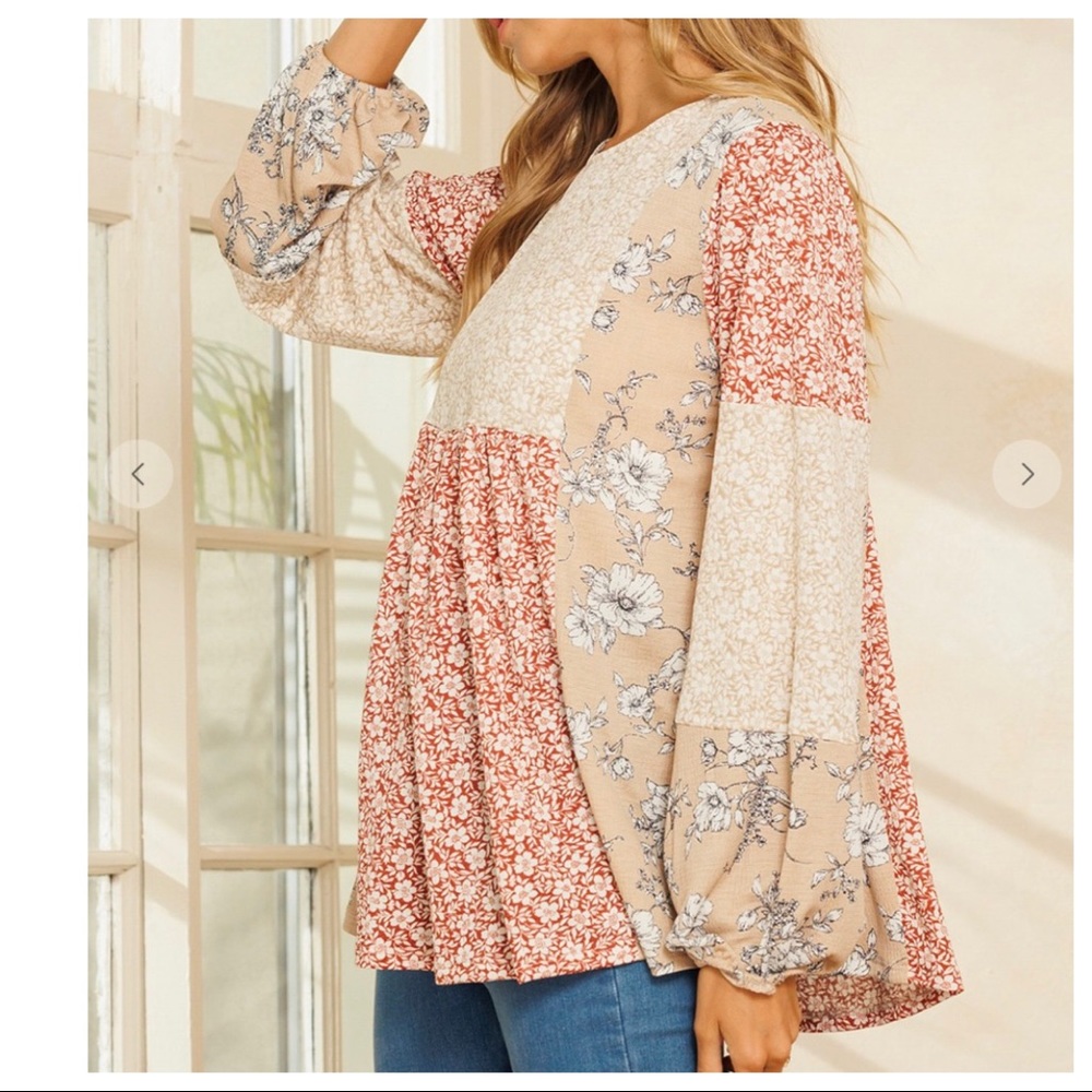 Long Sleeves Color Block Boho Chic Floral Top - Picture 3 of 8